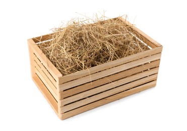 Dried hay in wooden crate on white background