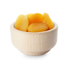 Photo of Ceramic bowl with tasty dried apricots isolated on white