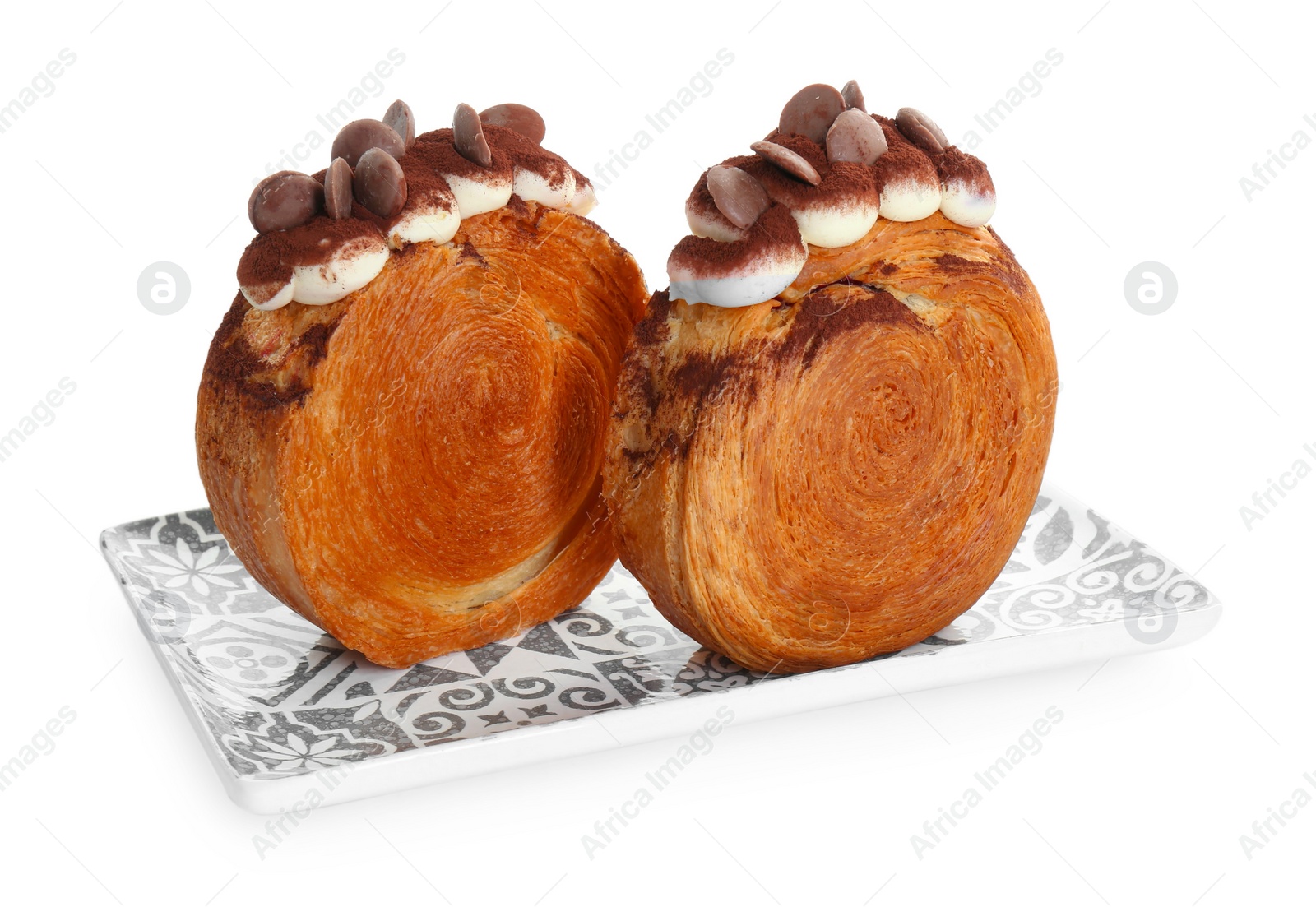 Photo of Round croissants with chocolate chips and cream isolated on white. Tasty puff pastry