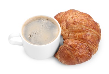 Photo of Tasty breakfast. Cup of coffee and fresh croissant isolated on white