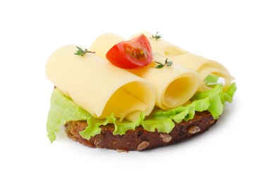 Tasty sandwich with slices of fresh cheese, tomato, thyme and lettuce isolated on white