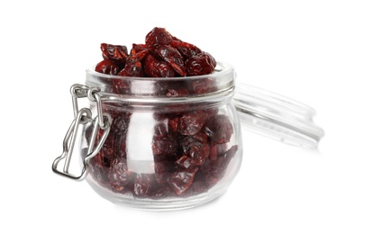 Photo of Dried cranberries in glass jar isolated on white