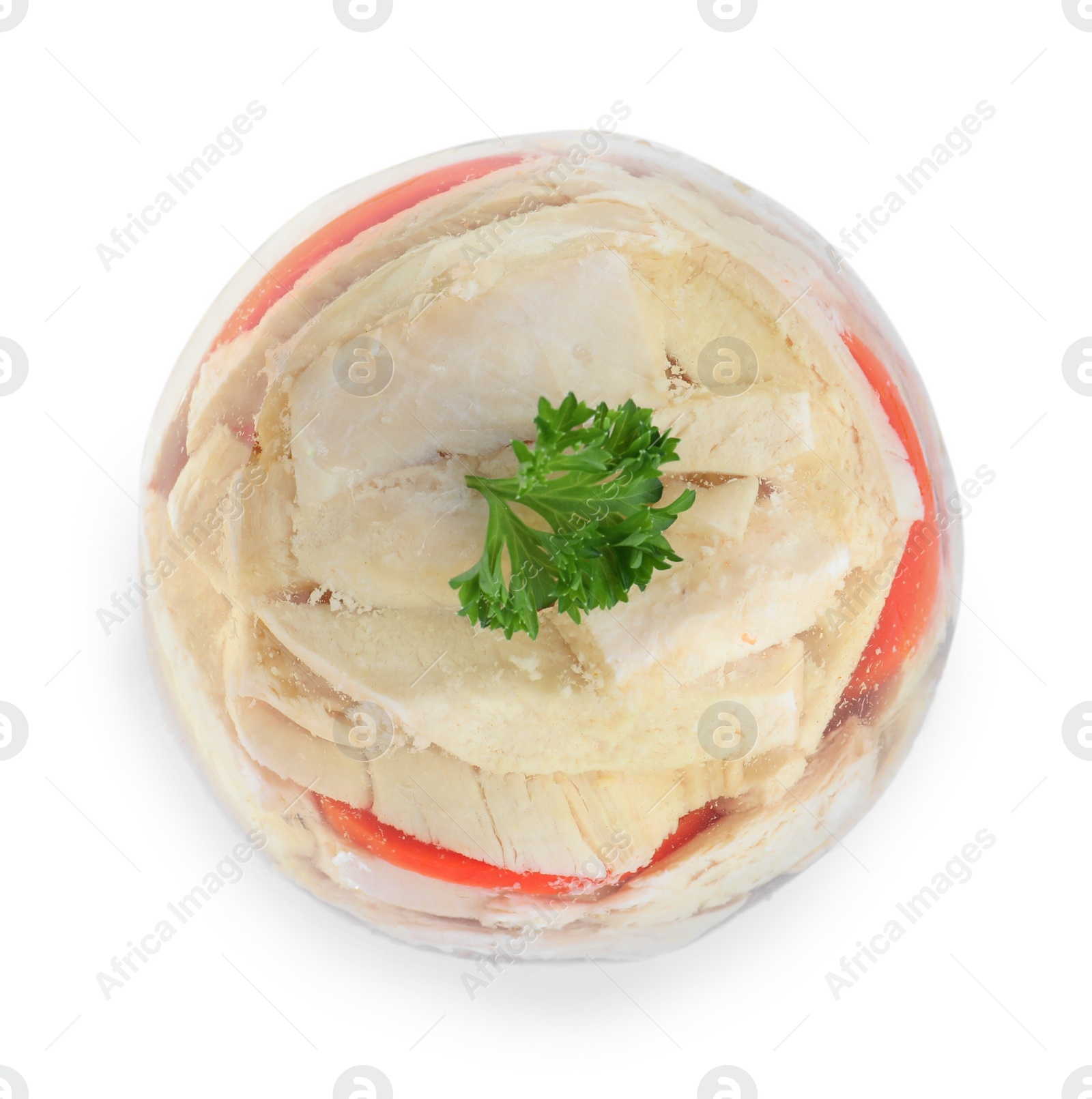 Photo of Delicious homemade chicken aspic isolated on white, top view