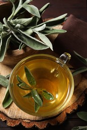 Photo of Cup of aromatic sage tea and fresh leaves on wooden stump, above view