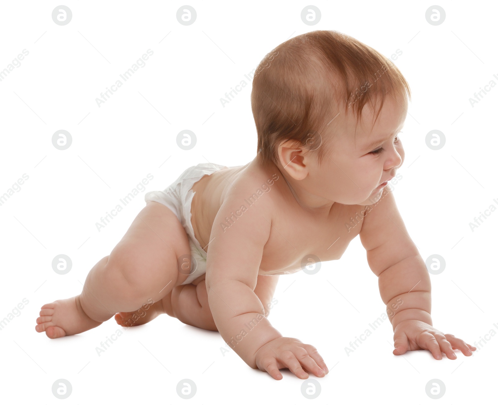 Photo of Cute little baby crawling on white background