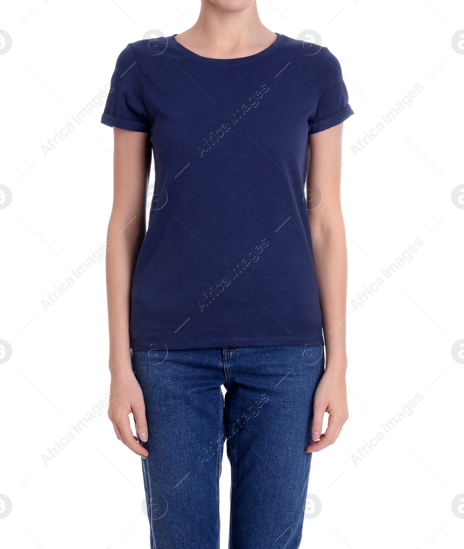 Photo of Young slim woman on white background, closeup. Weight loss