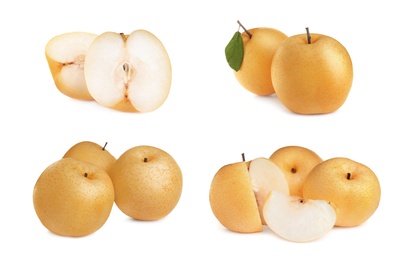 Set with fresh ripe apple pears on white background 