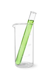 Photo of Glass beaker and test tube with liquid isolated on white