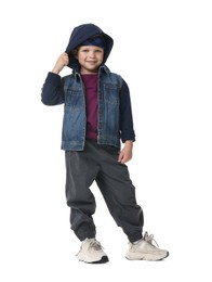 Photo of Happy little boy dancing on white background