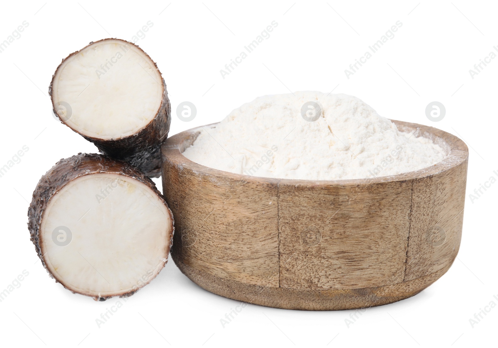 Photo of Bowl with cassava flour and cut root isolated on white
