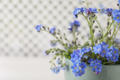 Beautiful blue forget-me-not flowers in cup against blurred background, closeup. Space for text