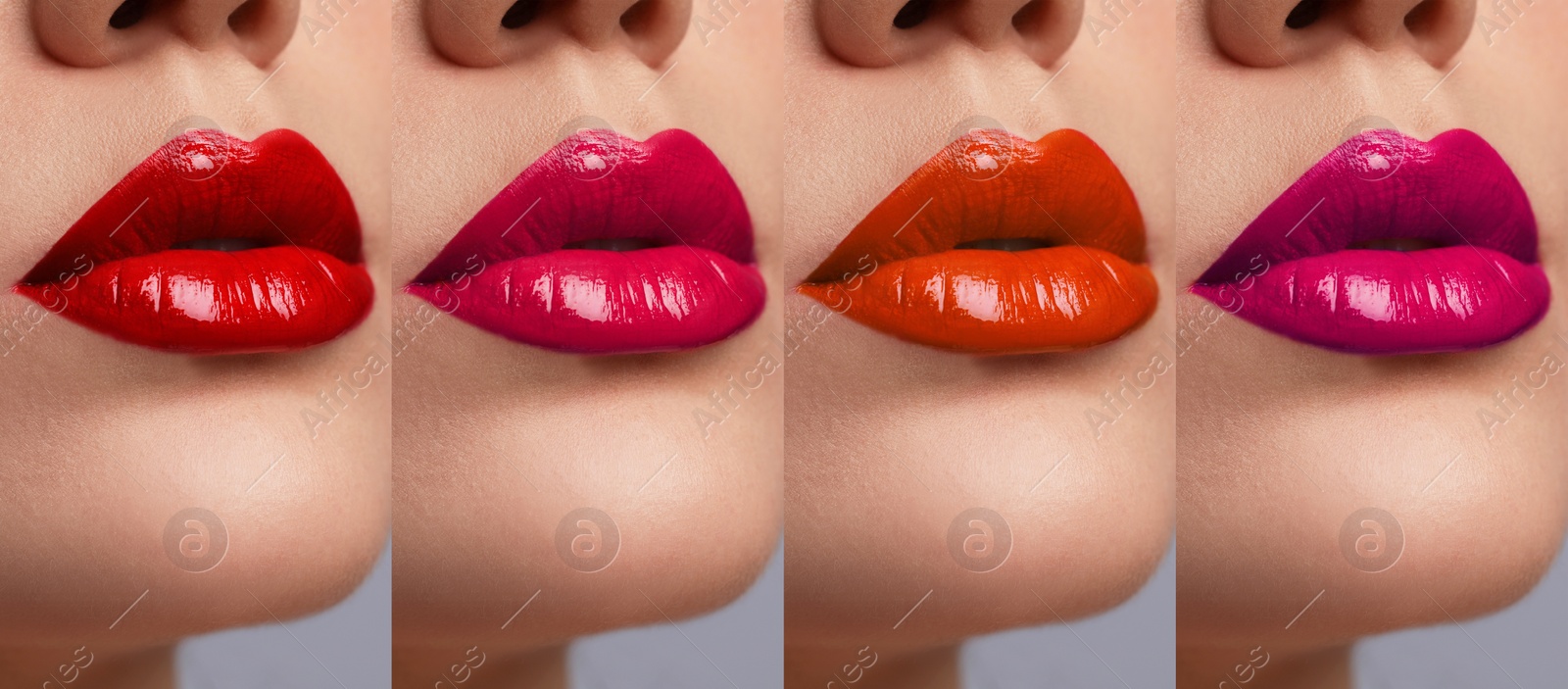 Image of Collage with photos of young woman with different glossy lipsticks, closeup. Banner design