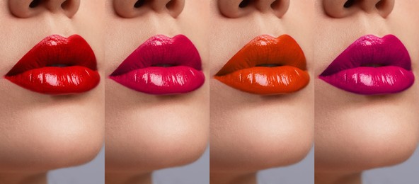 Image of Collage with photos of young woman with different glossy lipsticks, closeup. Banner design