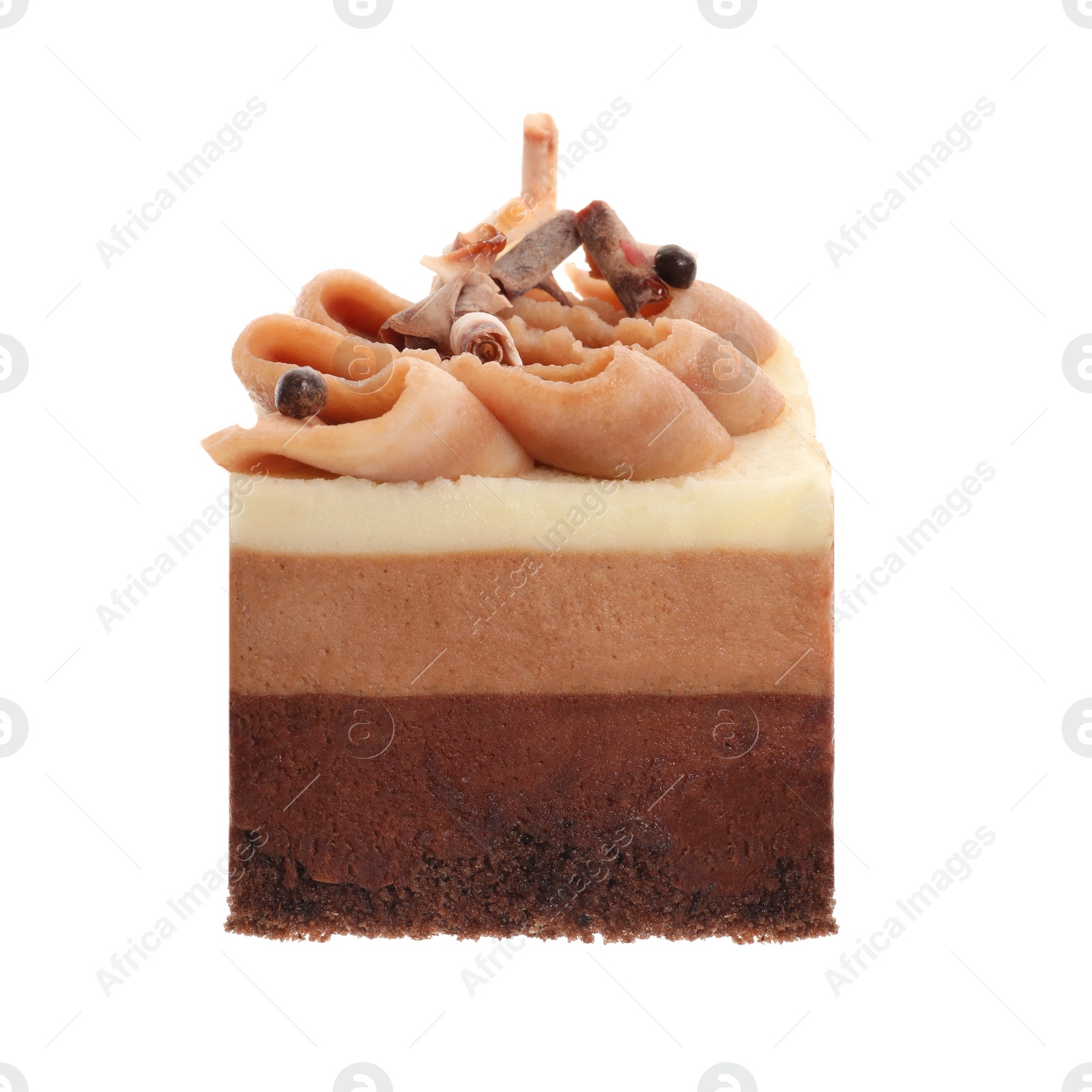 Photo of Triple chocolate mousse cake isolated on white