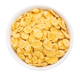 Photo of Bowl of tasty corn flakes isolated on white, top view