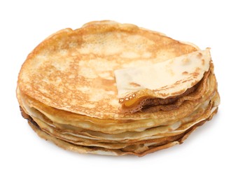 Photo of Stack of delicious crepes on white background