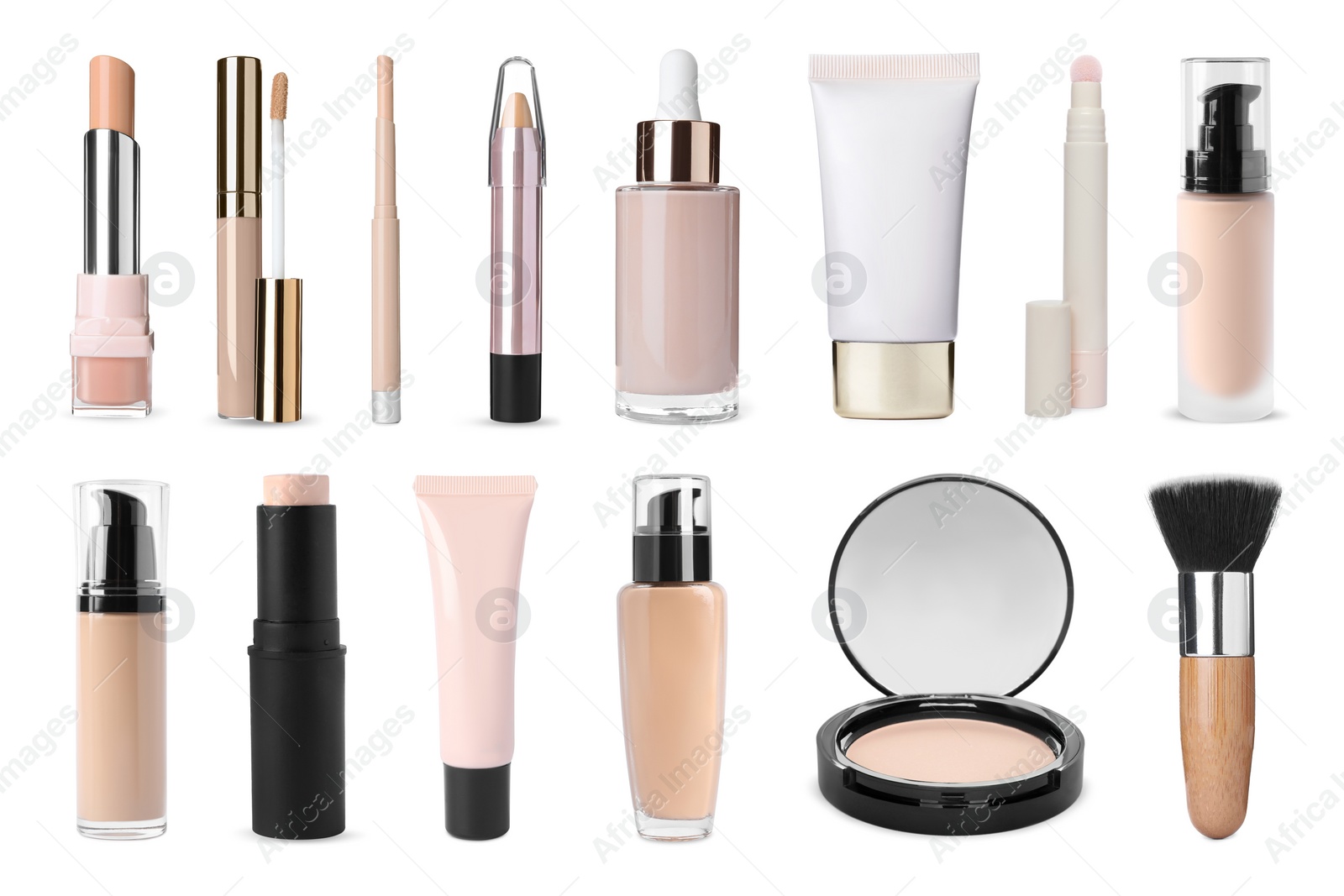 Image of Face powder, concealers, corrector, liquid foundations and brush isolated on white. Collection of makeup products