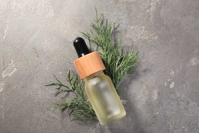Bottle of essential oil and fresh dill on light gray textured table, flat lay