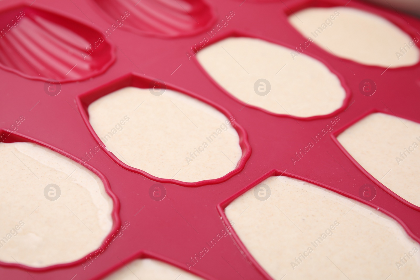 Photo of Baking mold for madeleine cookies with batter, closeup