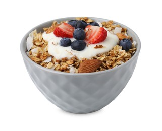 Tasty granola, yogurt and fresh berries in bowl on white background. Healthy breakfast