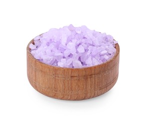 Photo of Wooden bowl with violet sea salt isolated on white