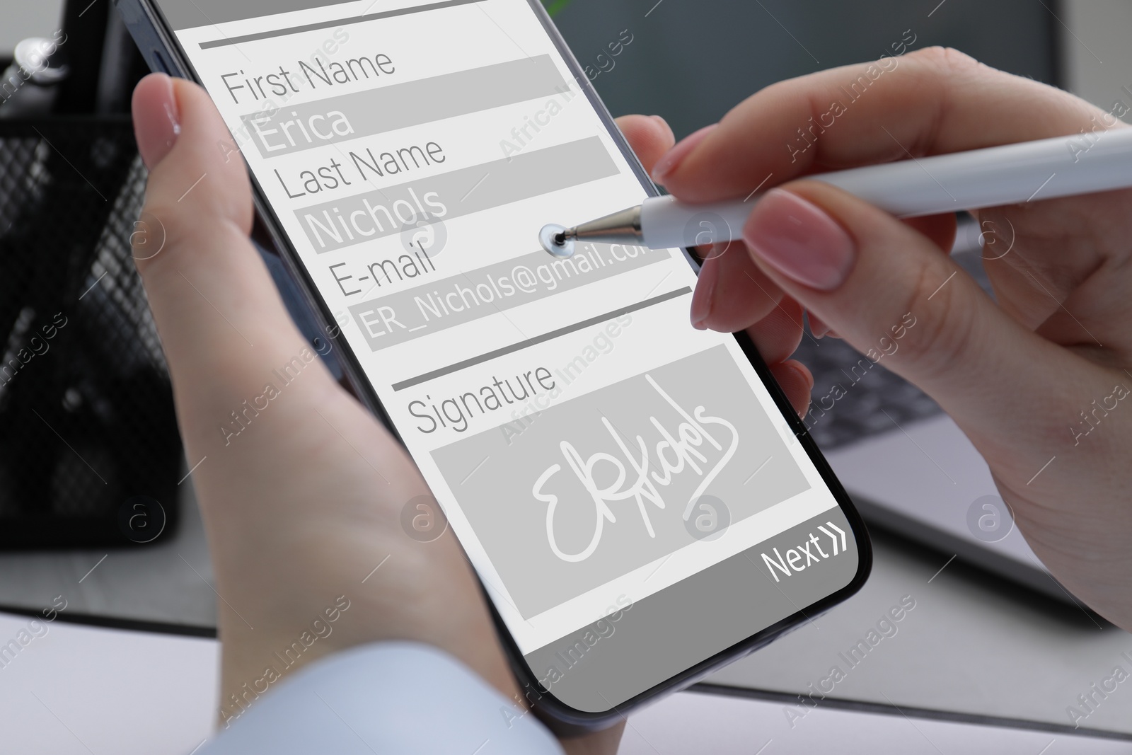 Image of Electronic signature. Woman using stylus and mobile phone, closeup