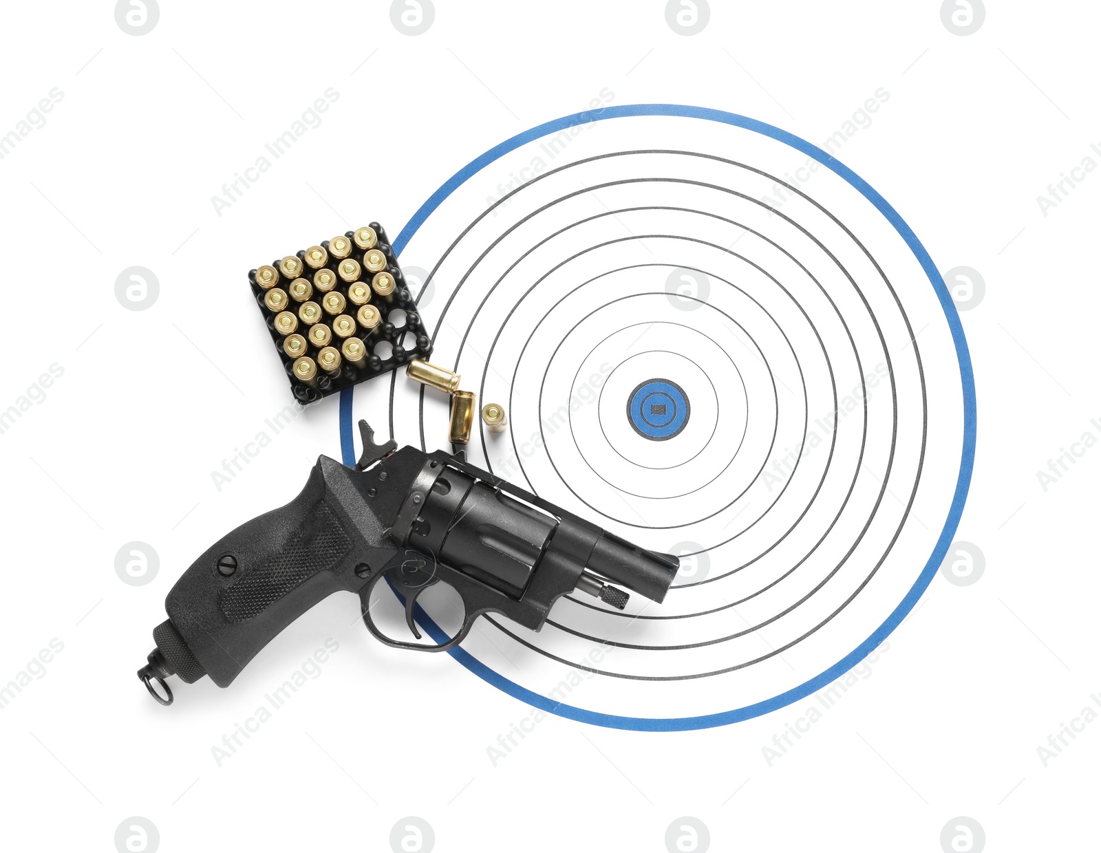 Photo of Shooting target, handgun and bullets isolated on white, top view