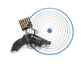 Photo of Shooting target, handgun and bullets isolated on white, top view