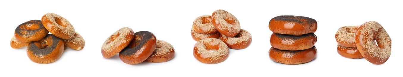 Image of Set with tasty fresh bagels on white background. Banner design