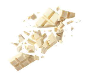 Image of Chocolate explosion, pieces shattering on white background