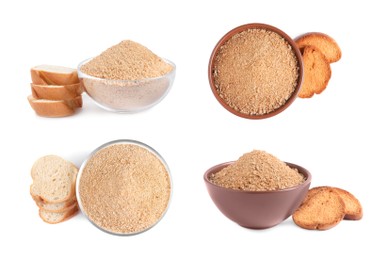 Set with fresh bread crumbs on white background