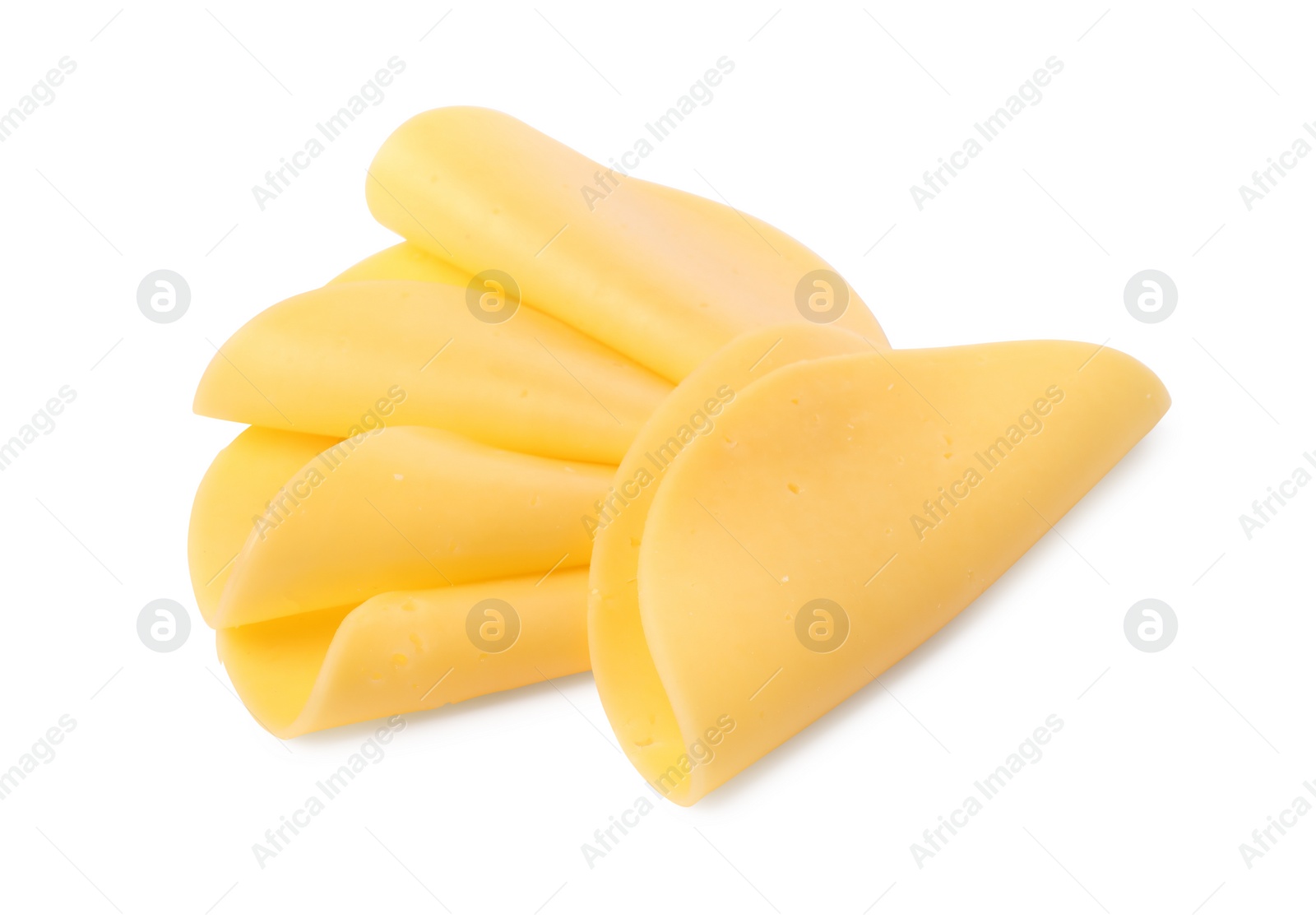 Photo of Slices of tasty fresh cheese isolated on white