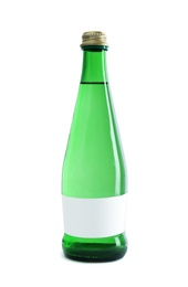 Glass bottle of pure water with blank tag on white background