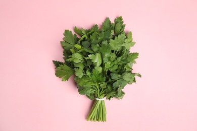 Photo of Bunch of fresh green parsley on color background, view from above
