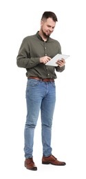 Man in shirt and jeans tablet on white background