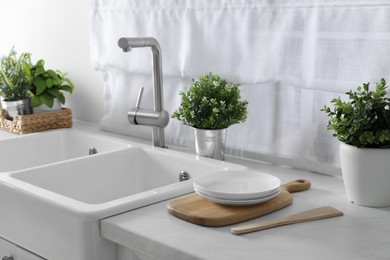 Photo of Different artificial potted herbs on countertop near sink in kitchen