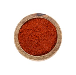 Bowl with aromatic paprika powder isolated on white, top view