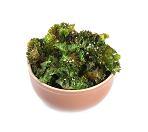 Tasty baked kale chips isolated on white