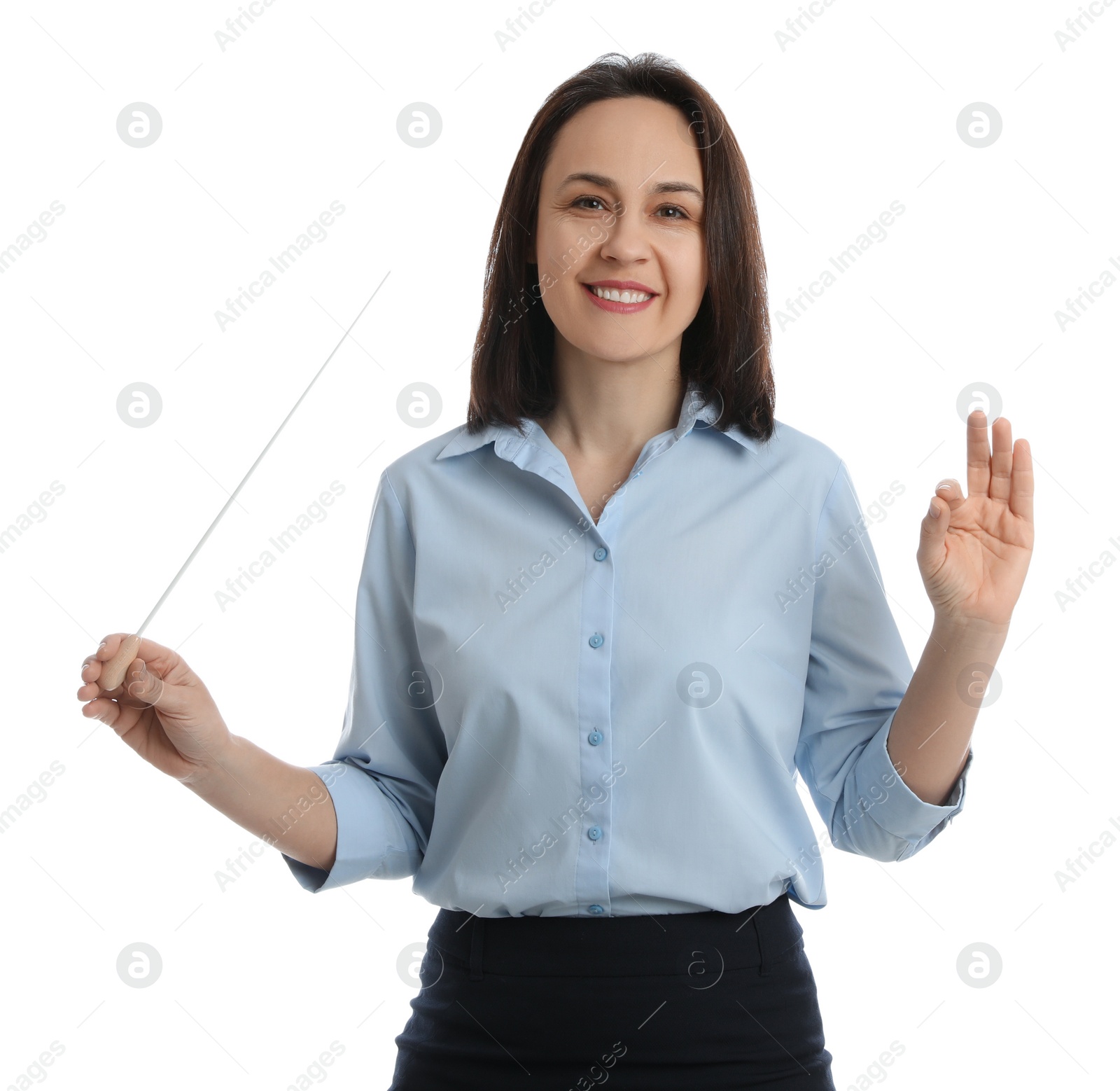 Photo of Music teacher with baton on white background