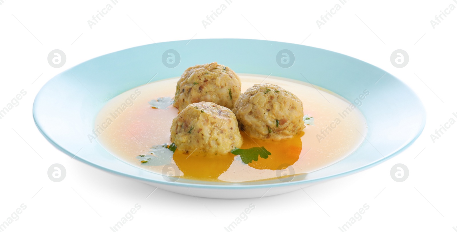 Photo of Dish of Jewish matzoh balls soup isolated on white
