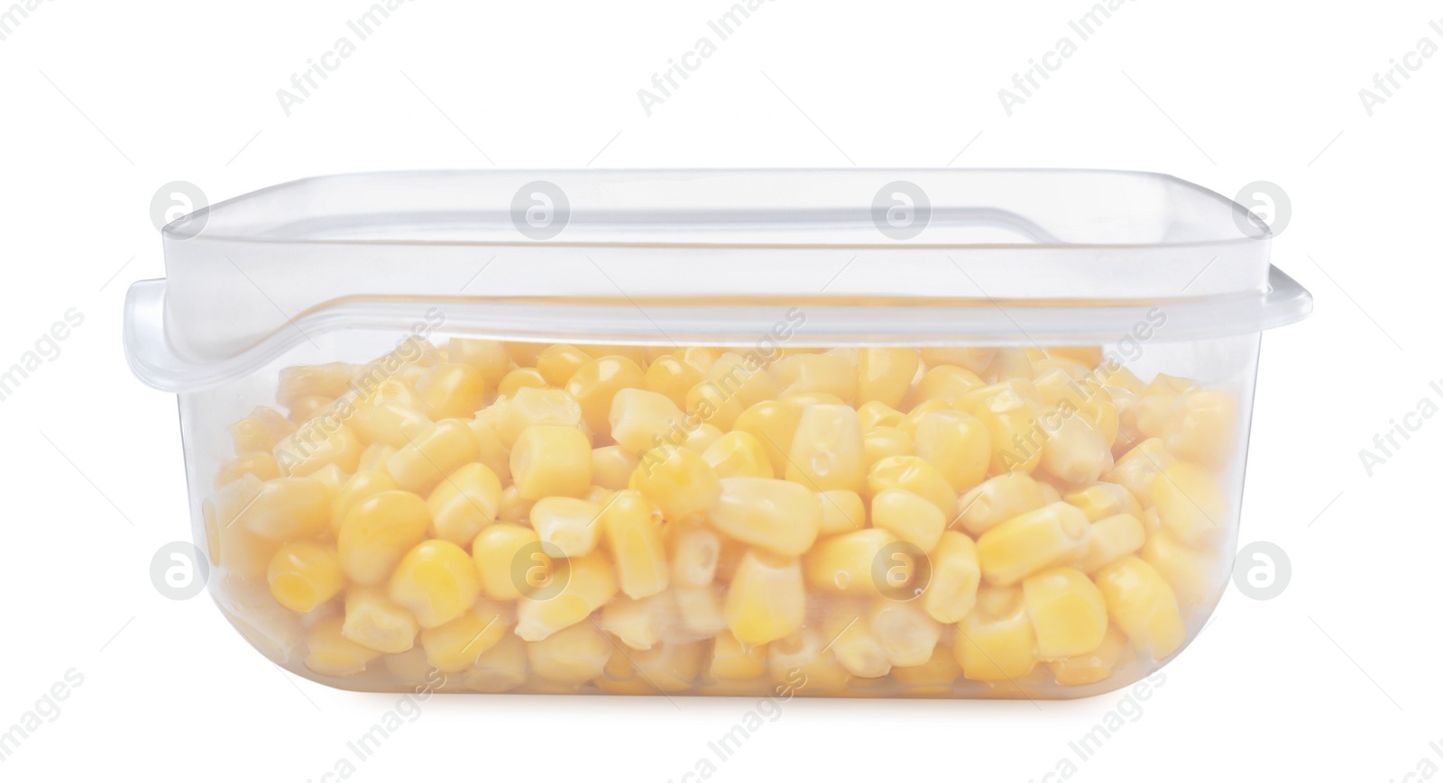 Photo of Fresh corn kernels in plastic container isolated on white