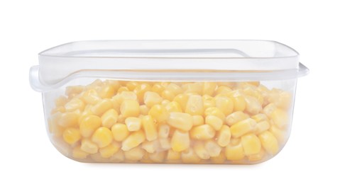 Fresh corn kernels in plastic container isolated on white