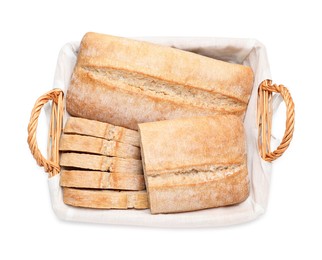 Photo of Delicious ciabattas in wicker basket isolated on white, top view