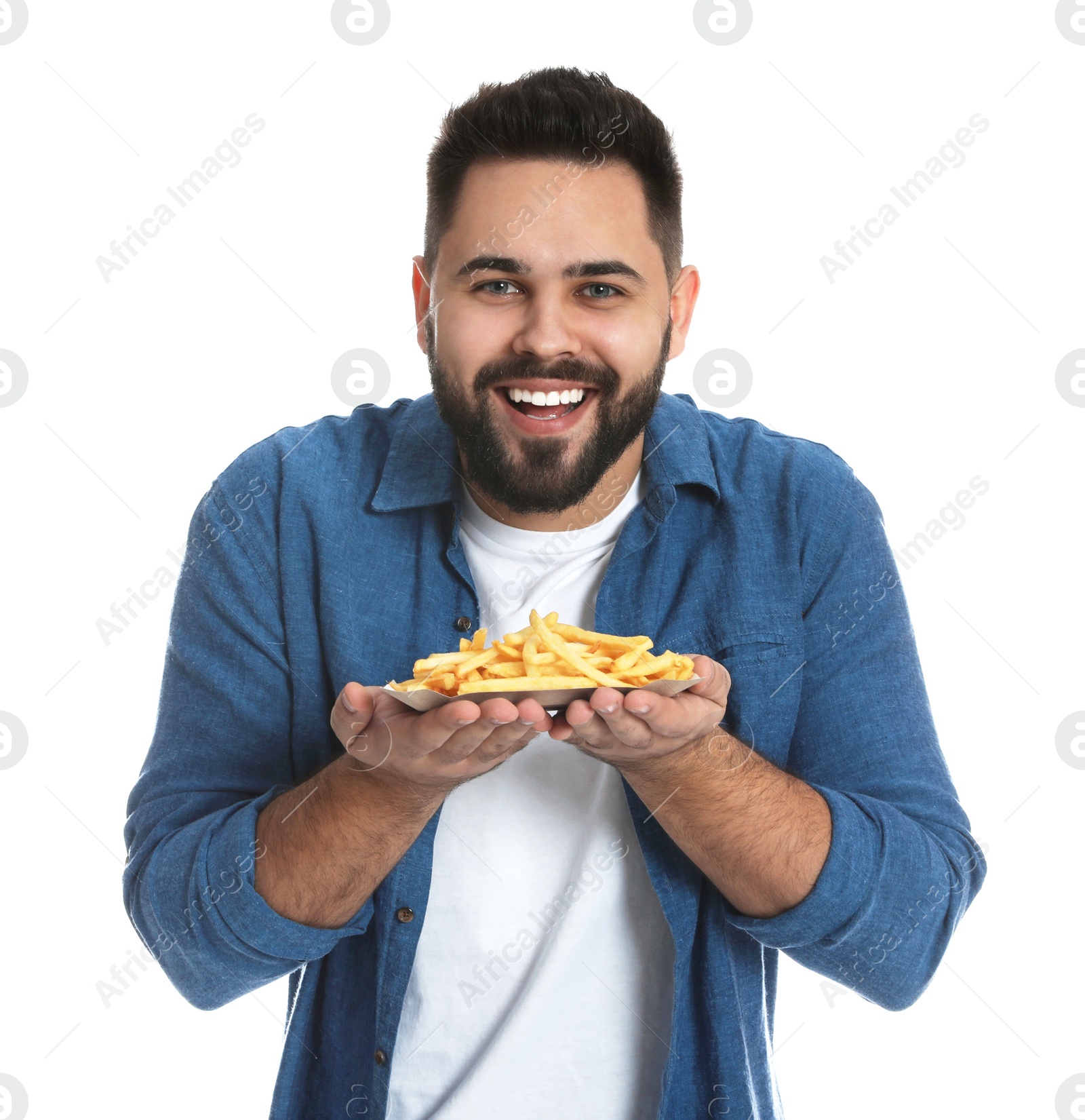 Photo of Young man with French fries on white background
