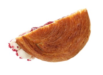 Photo of Half of round croissant with jam isolated on white. Tasty puff pastry