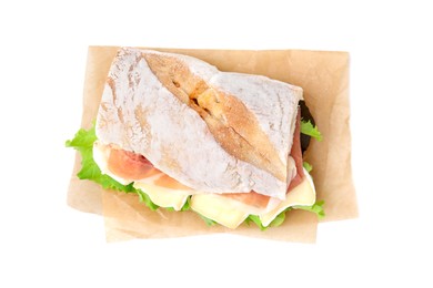 Photo of Tasty sandwich with brie cheese and prosciutto isolated on white, top view