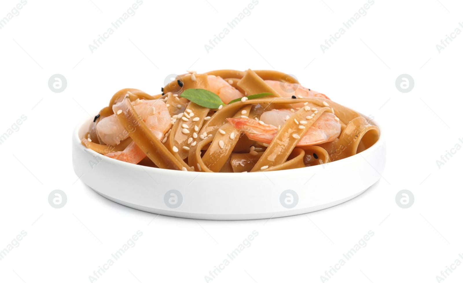 Photo of Plate of tasty buckwheat noodles with shrimps isolated on white