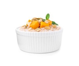 Photo of Tasty wheat porridge with pumpkin and mint in bowl isolated on white