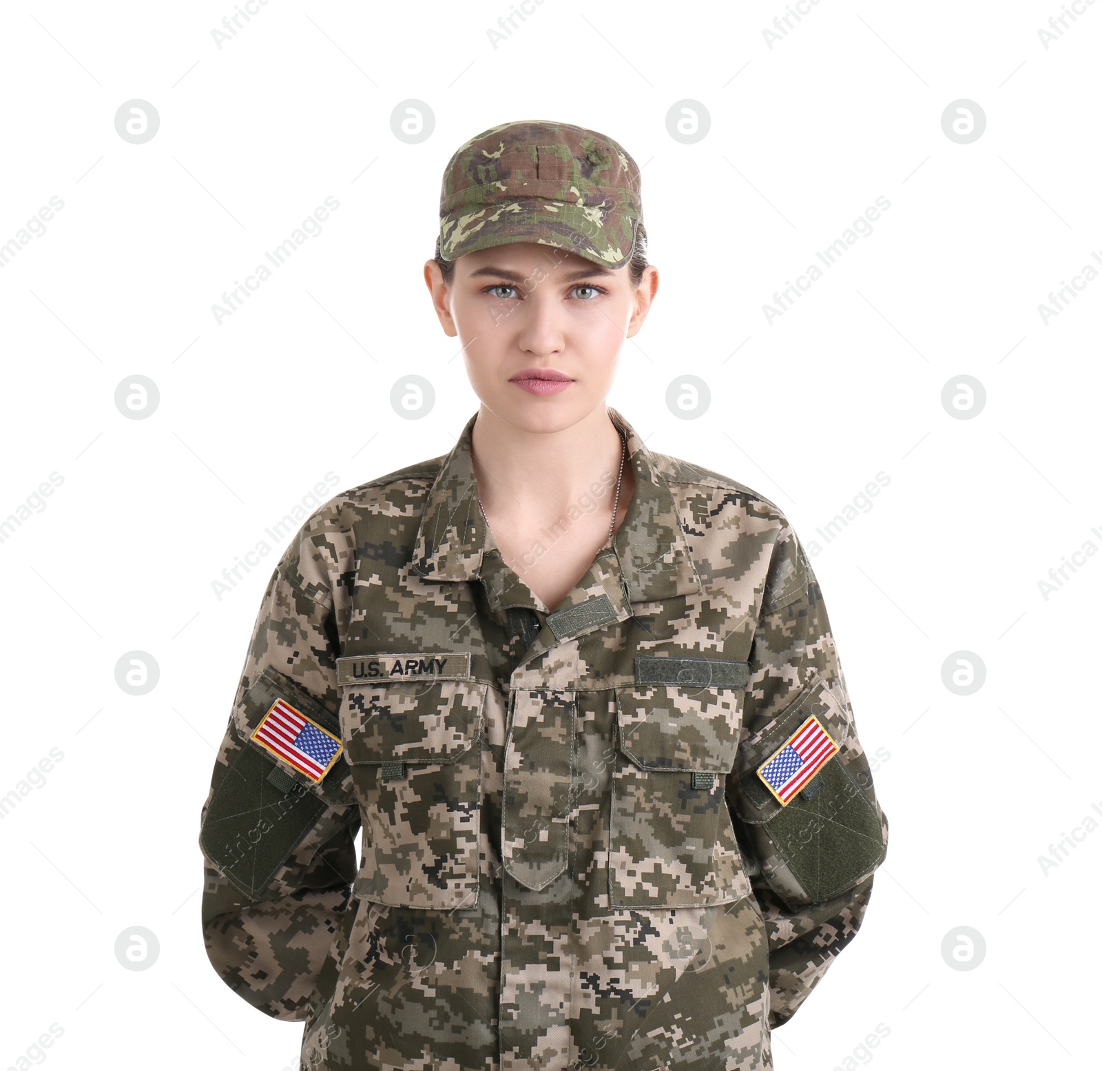 Photo of Female soldier on white background. Military service