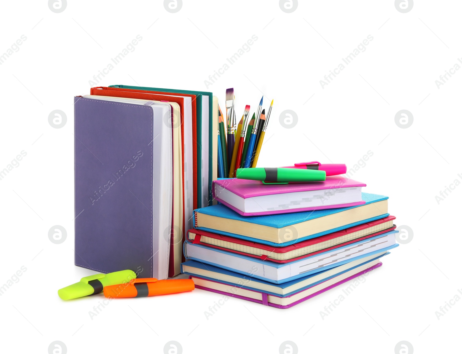 Photo of Set of colorful school stationery on white background